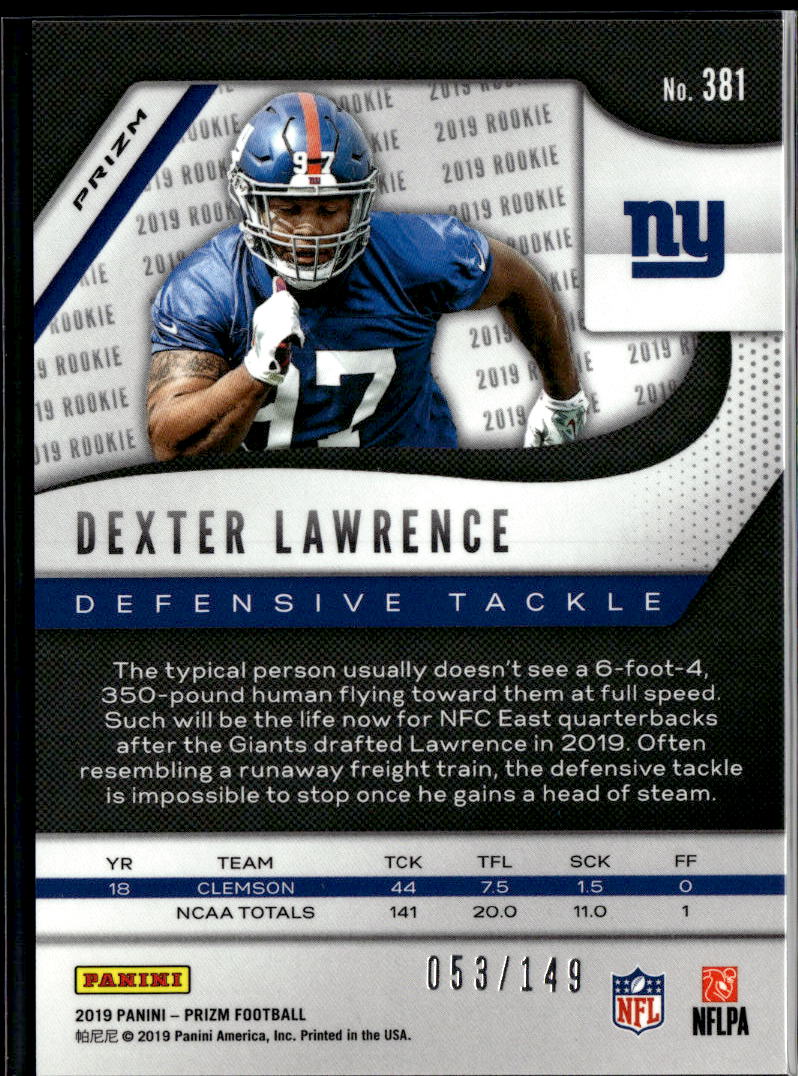 Dexter Lawrence 2019 Panini Prizm RC Red Wave Prizm 53/149 New York Giants