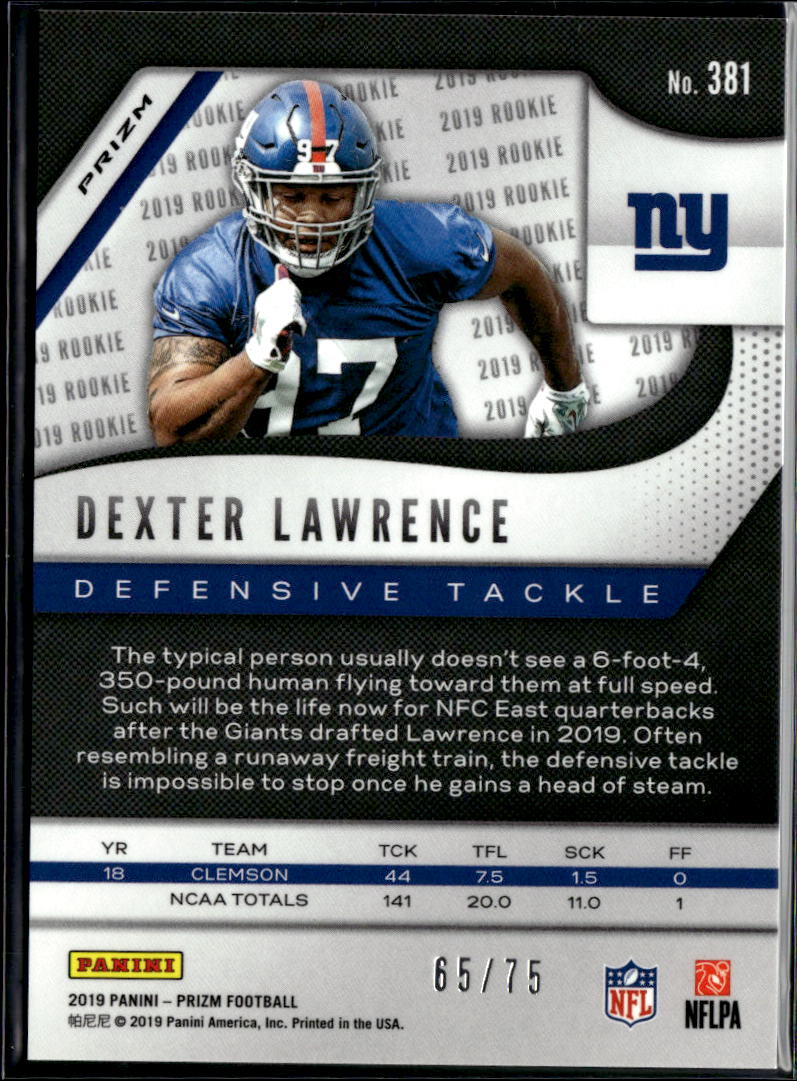 Dexter Lawrence 2019 Prizm RC Green Scope Prizm Rookie 65/75 New York Giants