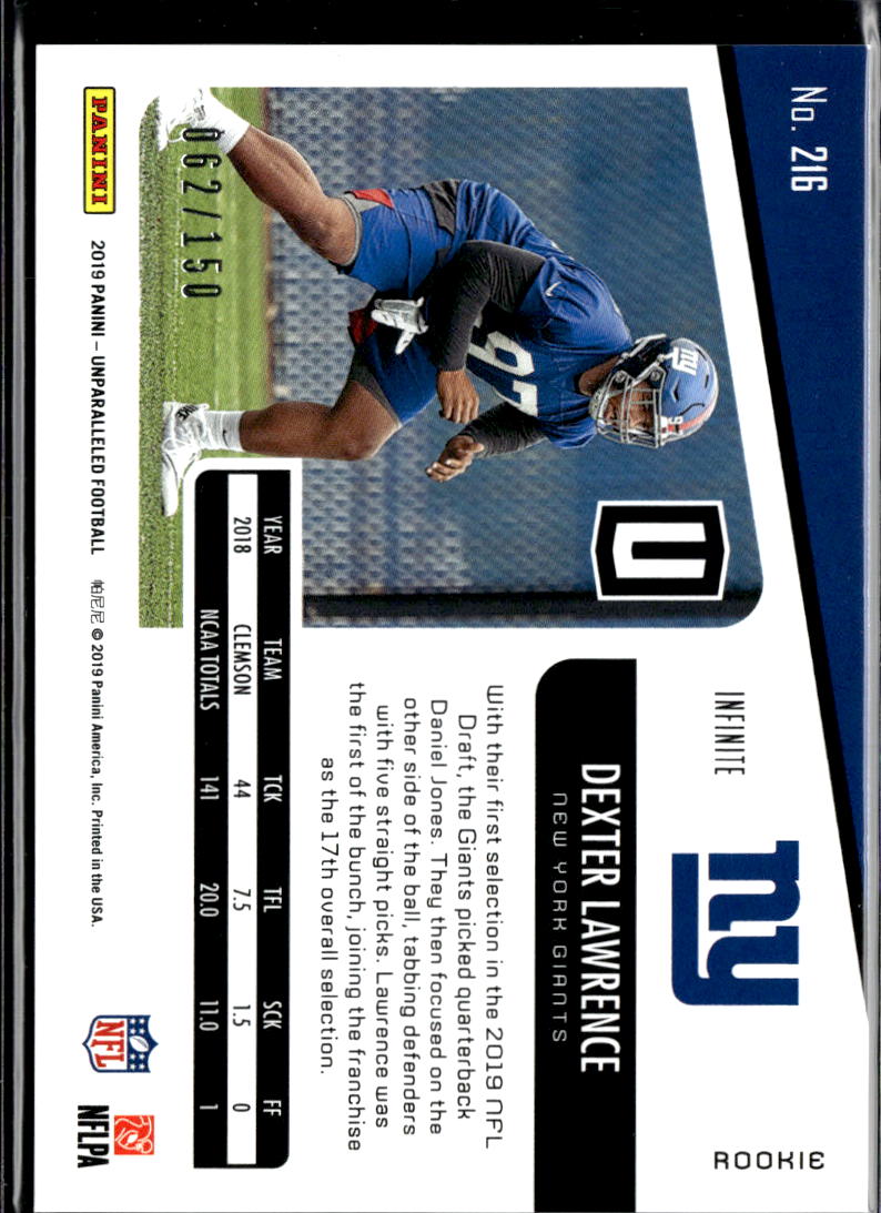 Dexter Lawrence 2019 Unparalleled Infinite Rookie RC 62/150 New York Giants