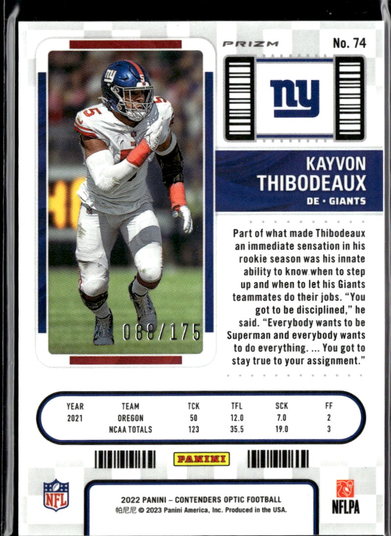 Kayvon Thibodeaux 2022 Contenders Optic Red Prizm Rookie RC 88/175 Giants