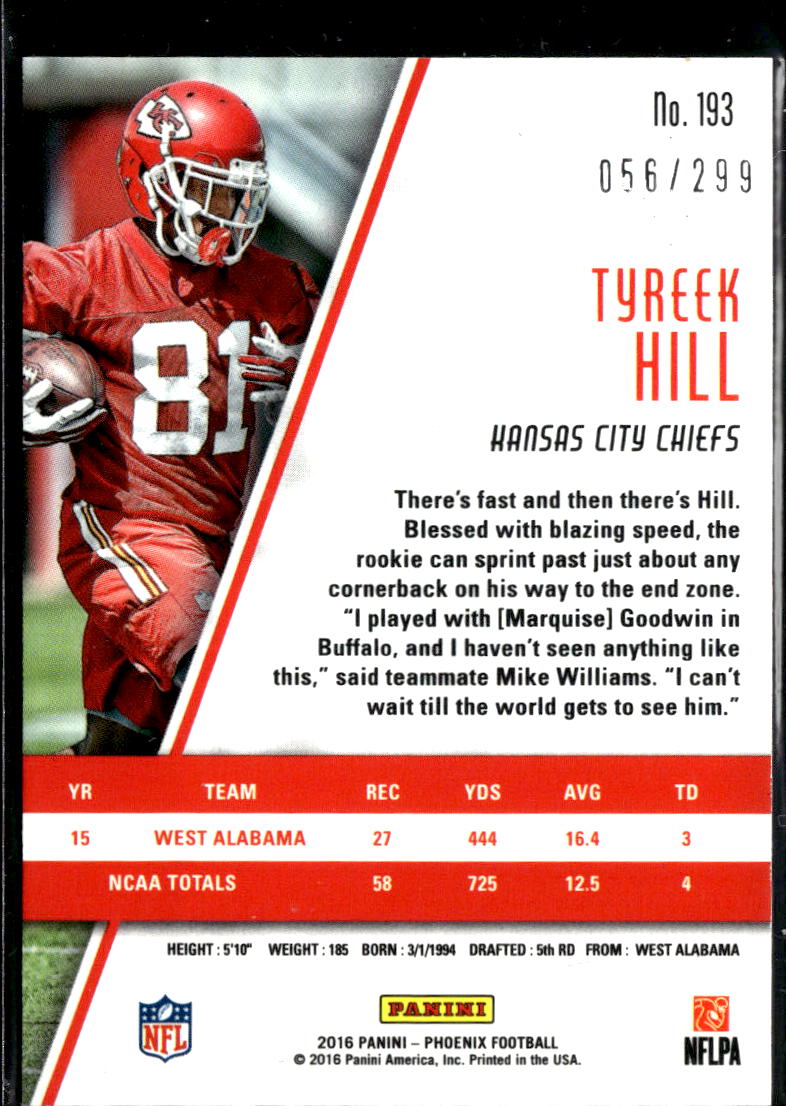 Tyreek Hill 2016 Panini Phoenix RC /299 Kansas City Chiefs