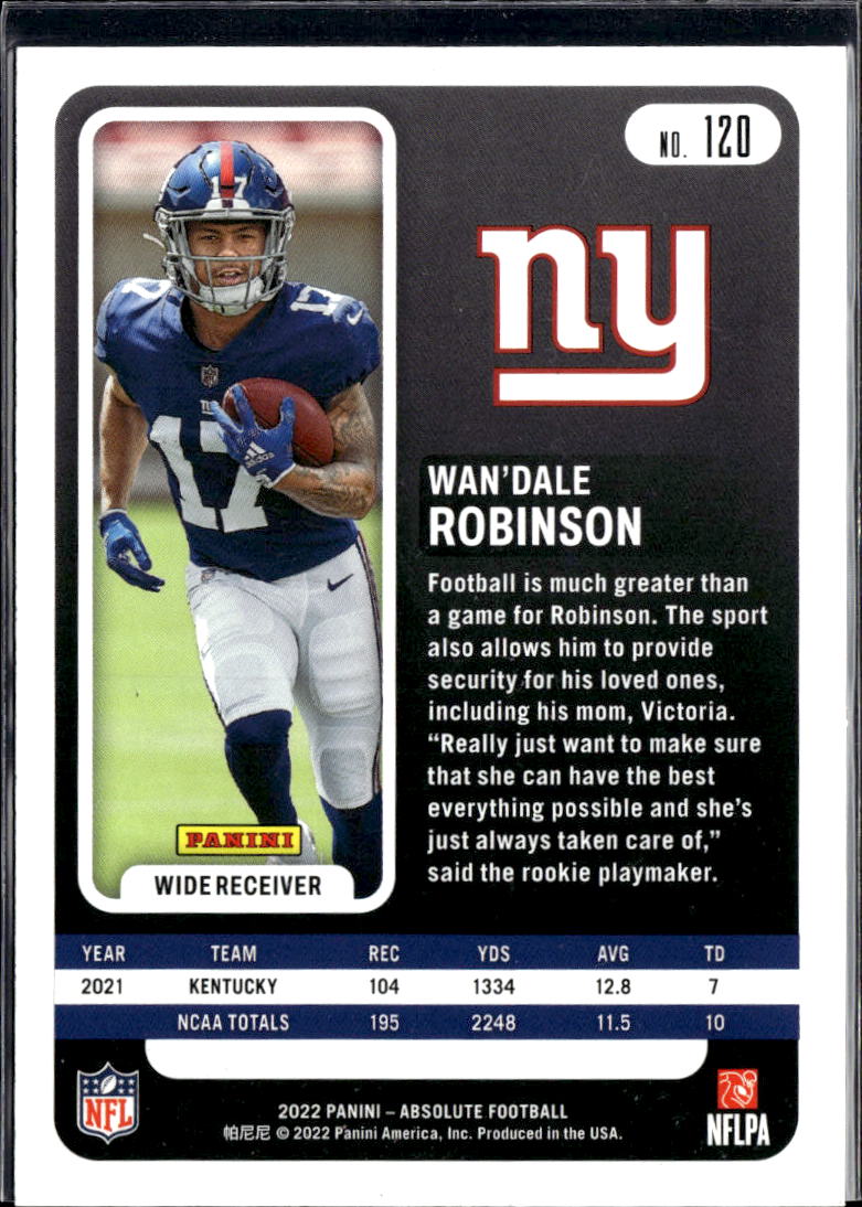 Wan'Dale Robinson 2022 Panini Absolute Football RC New York Giants