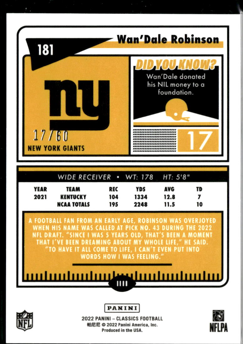 Wan'Dale Robinson 2022 Classics GOLD Rookie RC 17/60 New York Giants