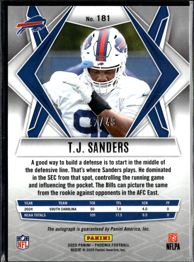 T.J. Sanders 2025 Phoenix Blue Auto Autograph RC 42/49 Buffalo Bills