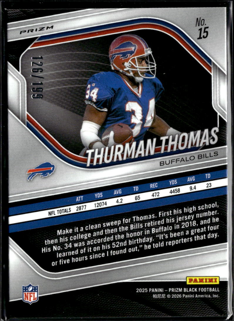 Thurman Thomas 2025 Prizm Black Blue Prizm 126/199 Buffalo Bills