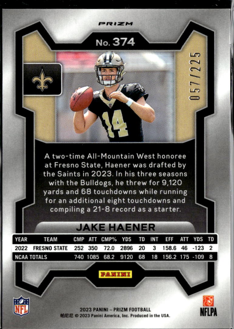 Jake Haener 2023 Prizm Purple Ice Prizm Rookie RC /225 New Orleans Saints