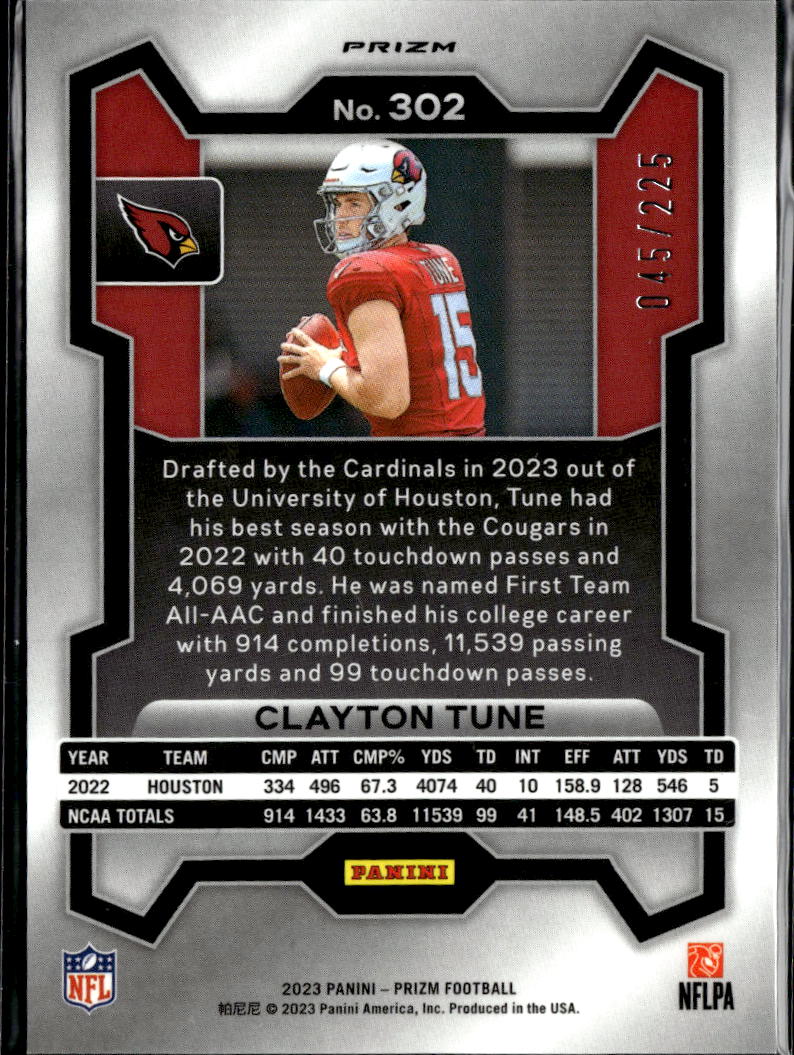 Clayton Tune 2023 Prizm Purple Ice Prizm Rookie RC /225 Arizona Cardinals