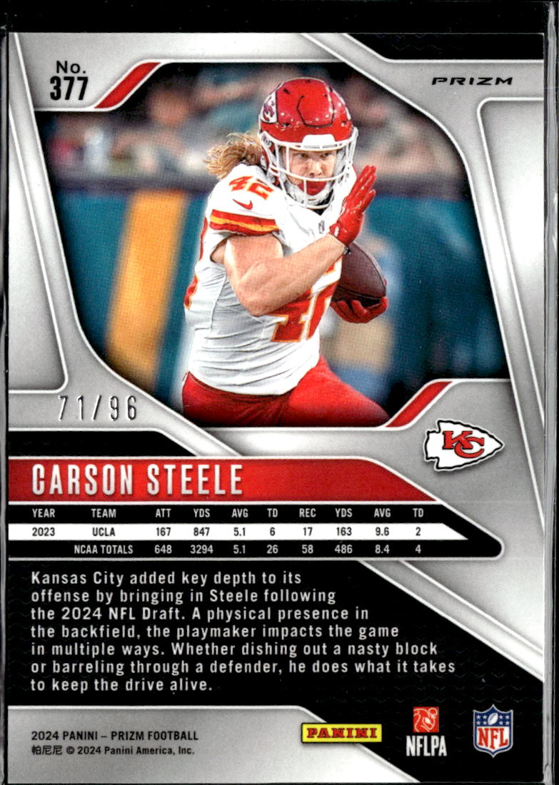 Carson Steele 2024 Prizm Blue Sparkle Prizm Rookie RC 71/96 Kansas City Chiefs