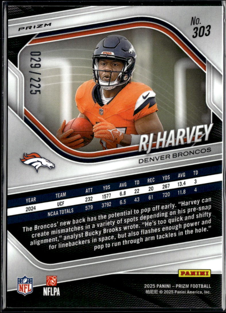 RJ Harvey 2025 Prizm Purple Ice Prizm Rookie RC 29/225 Denver Broncos