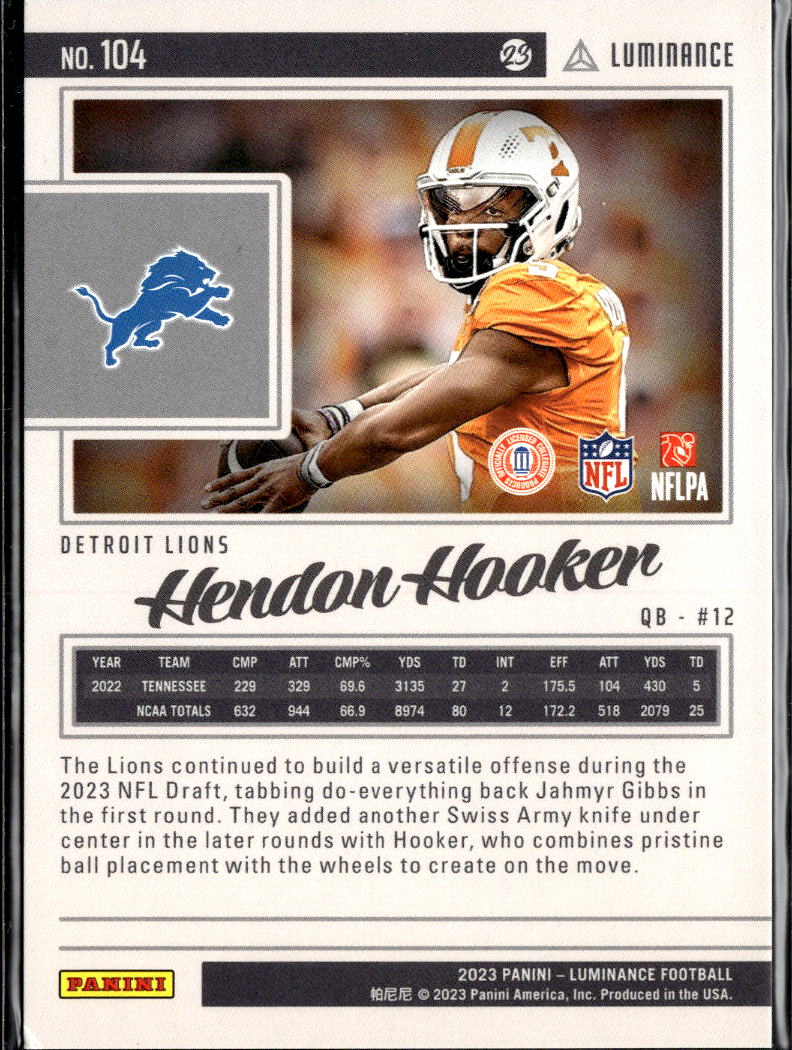 Hendon Hooker 2023 Luminance Black Rookie RC 37/75 Detroit Lions