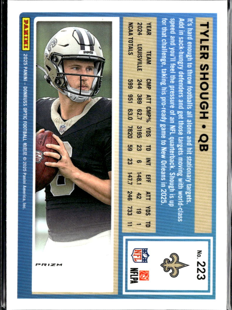 Tyler Shough 2025 Optic Rated Rookie Silver Holo Prizm RC New Orleans Saints