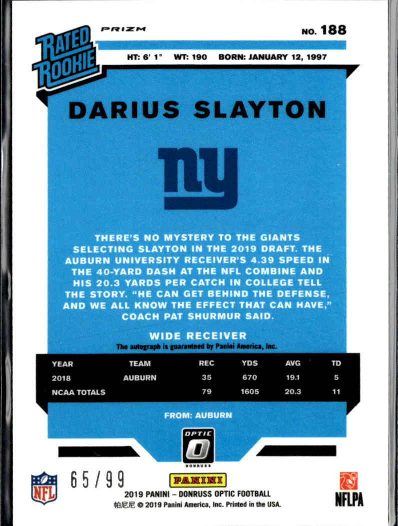 Darius Slayton 2019 Optic Rated Rookie Auto Autograph RC /99 New York Giants