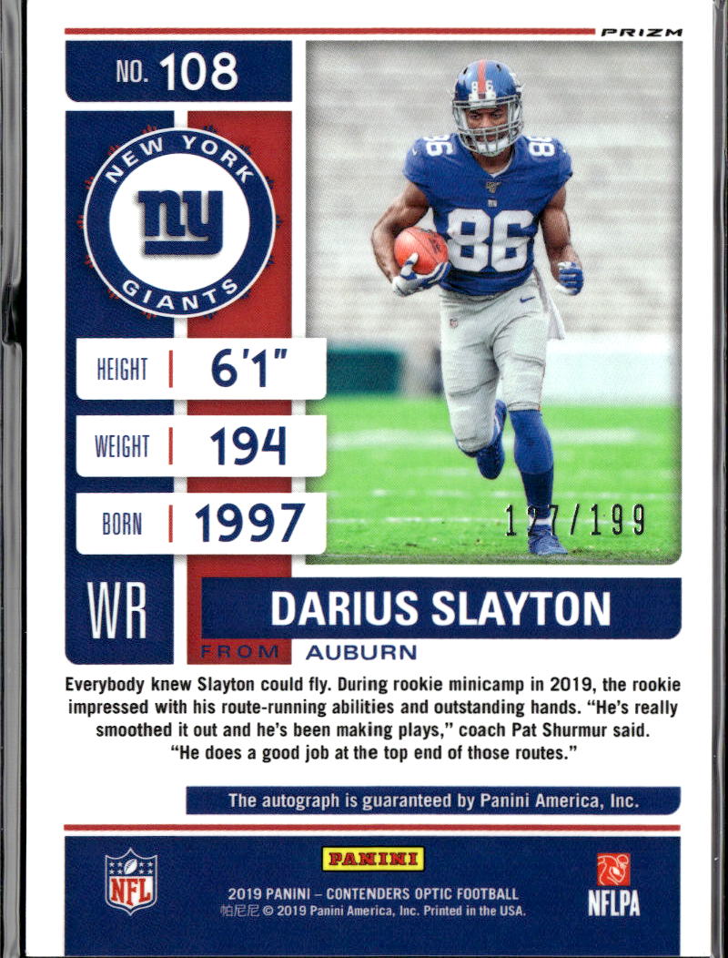 Darius Slayton 2019 Contenders Optic Auto Autograph RC Red 127/199 Giants