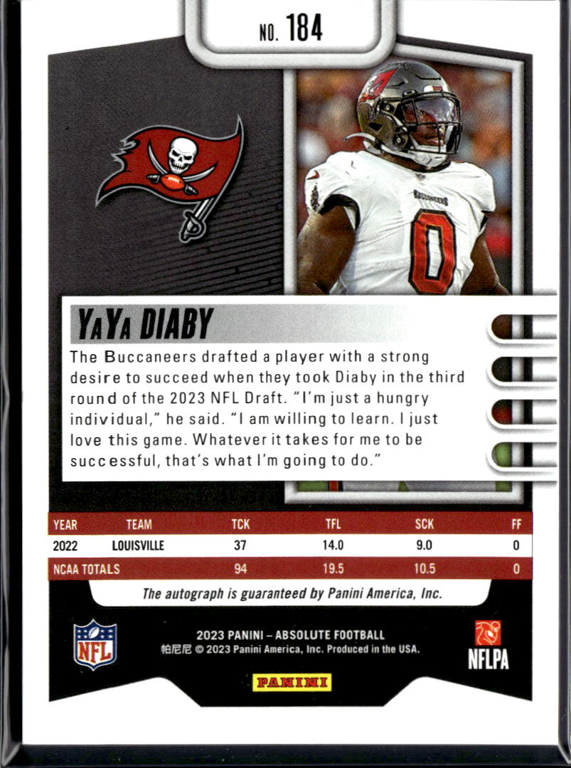 YaYa Diaby 2023 Absolute Auto Autograph RC 71/75 Tampa Bay Buccaneers