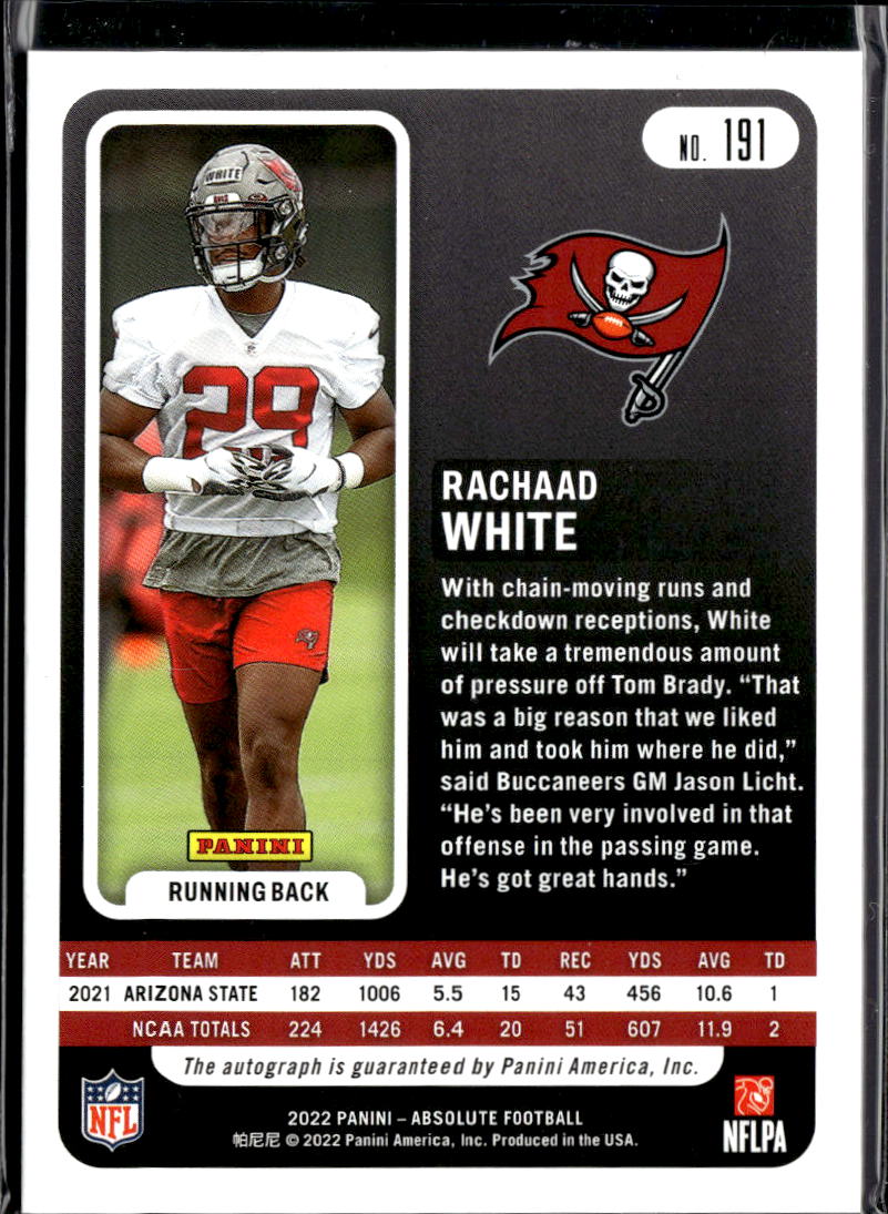 Rachaad White 2022 Absolute Auto Autograph RC 2/50 Tampa Bay Buccaneers