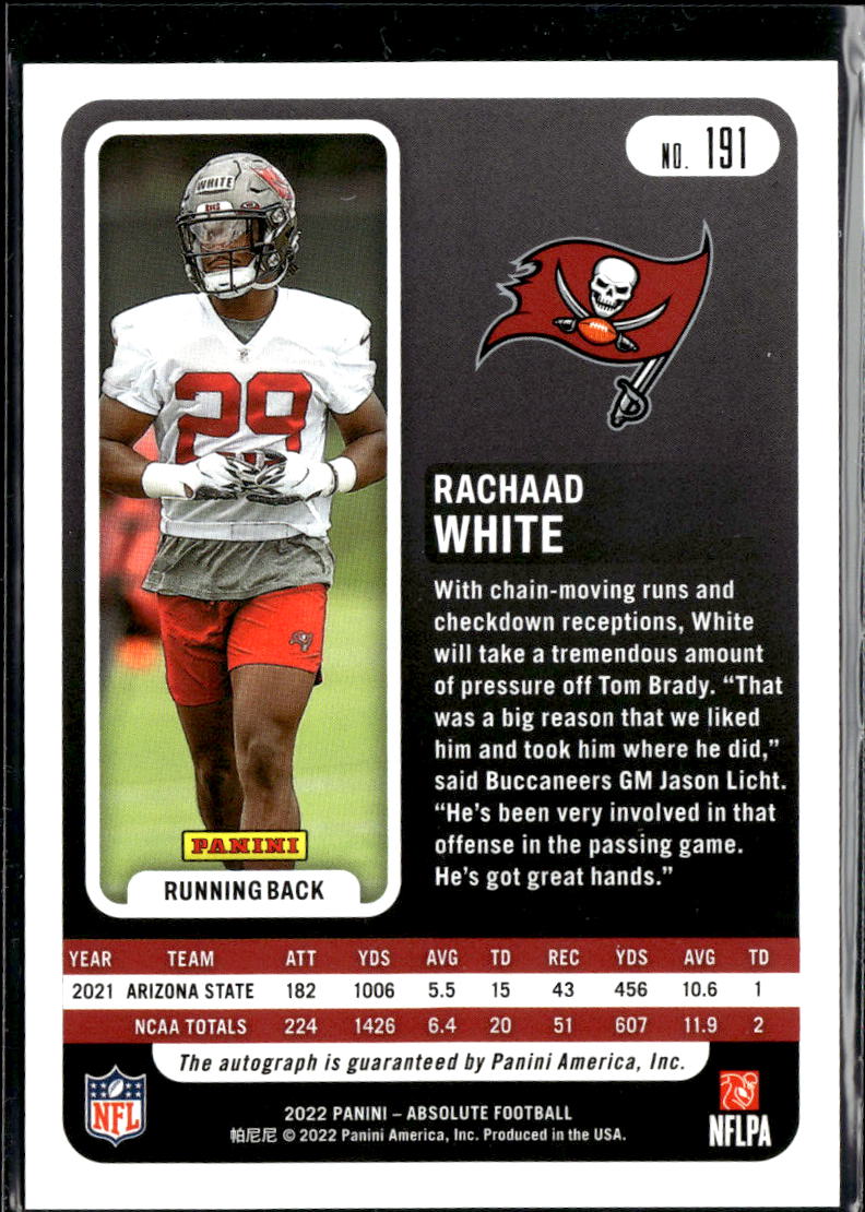 Rachaad White 2022 Absolute Auto Autograph RC 10/50 Tampa Bay Buccaneers
