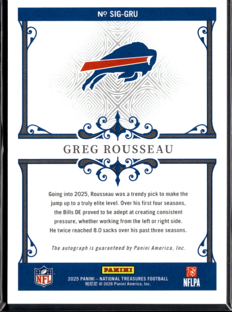 Greg Rousseau 2025 National Treasures Auto Autograph 36/99 Buffalo Bills