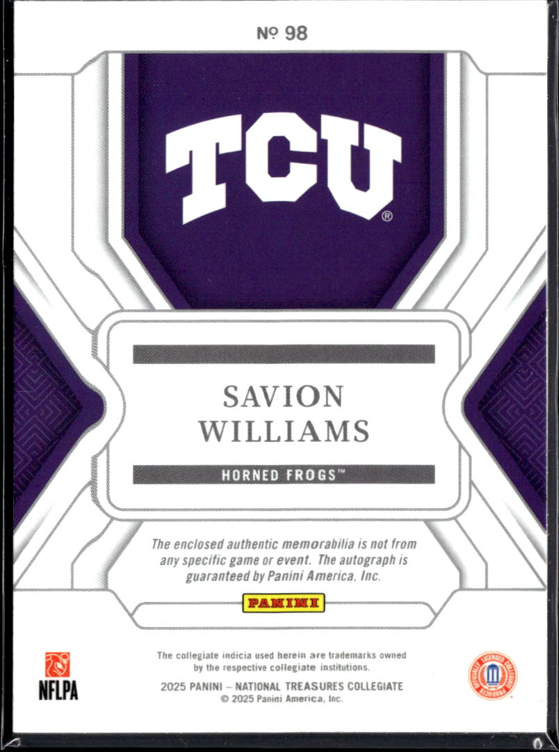 Savion Williams 2025 National Treasures Auto Autograph Patch RC /99 TCU