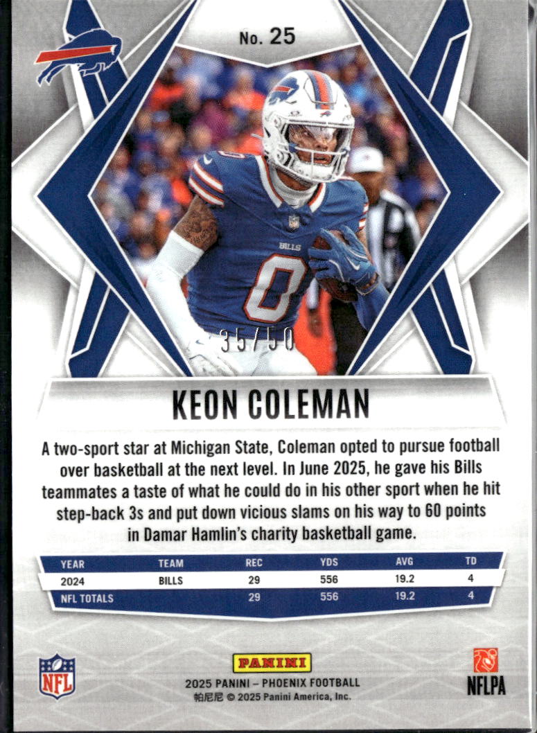 Keon Coleman 2025 Phoenix Blue Prizm 35/50 Buffalo Bills