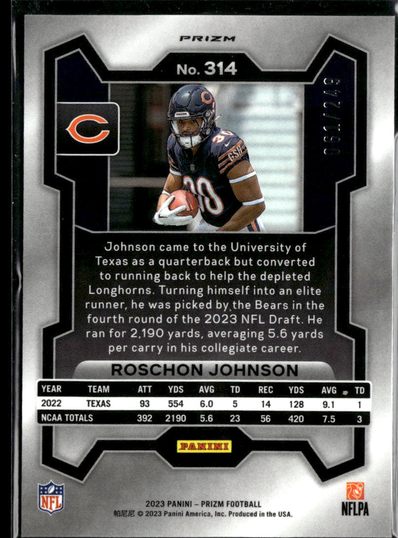 Roschon Johnson 2023 Prizm Orange Prizm Rookie RC 61/249 Chicago Bears