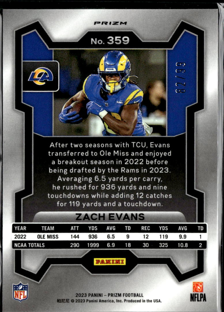 Zach Evans 2023 Prizm RC Blue Ice Prizm Rookie /99 Los Angeles Rams
