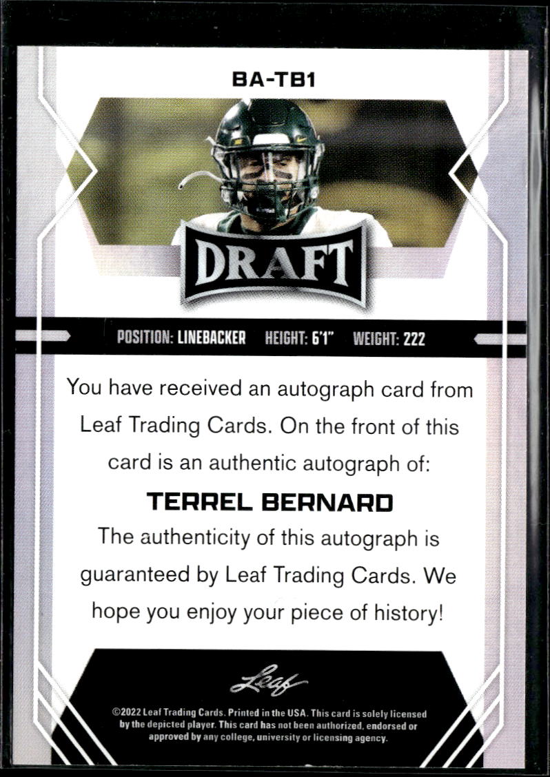 Terrel Bernard 2022 Leaf Draft Auto Autograph RC Bills Baylor Bears