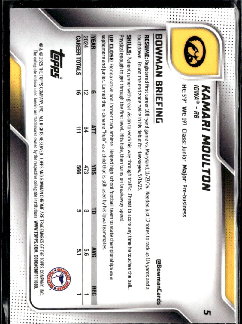 Kamari Moulton 2025 Bowman Chrome Green Diamond Refractor /99 Iowa Hawkeyes