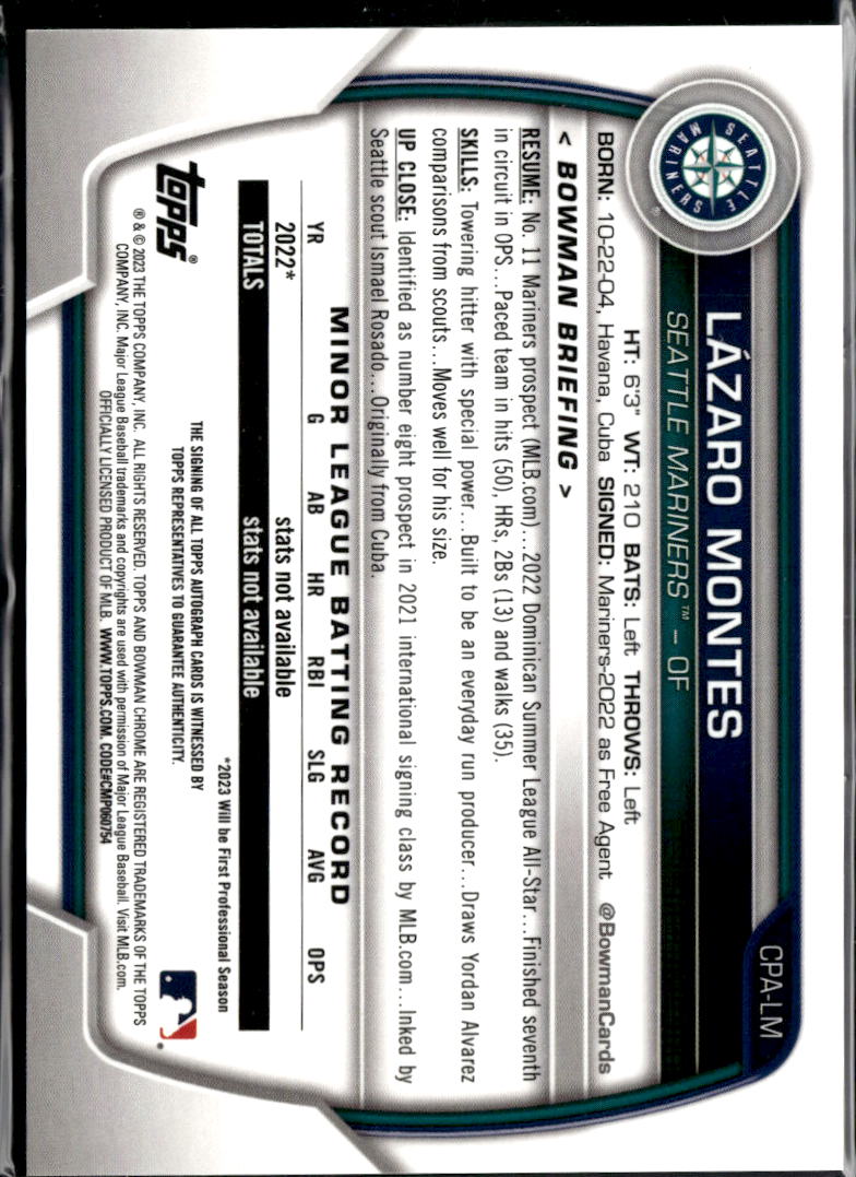 Lazaro Montes 2023 Bowman Chrome 1st Auto Autograph Green 21/99 Seattle Mariners