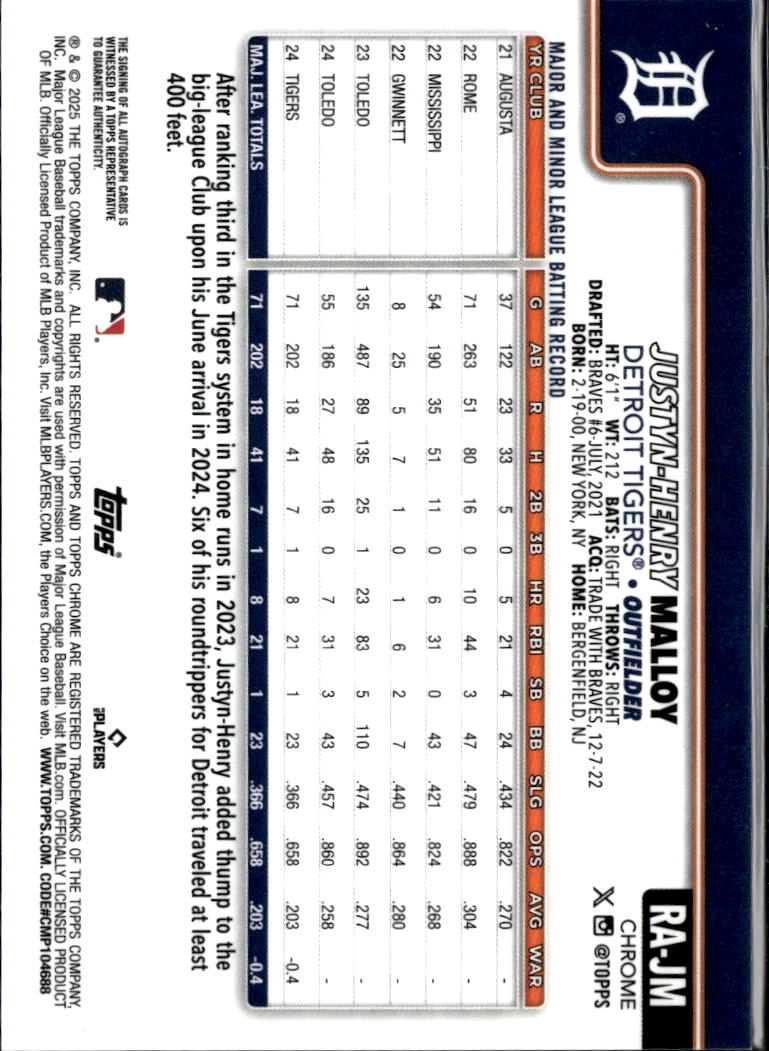 Justyn-Henry Malloy 2025 Topps Chrome Auto Autograph RC Green /125 Tigers