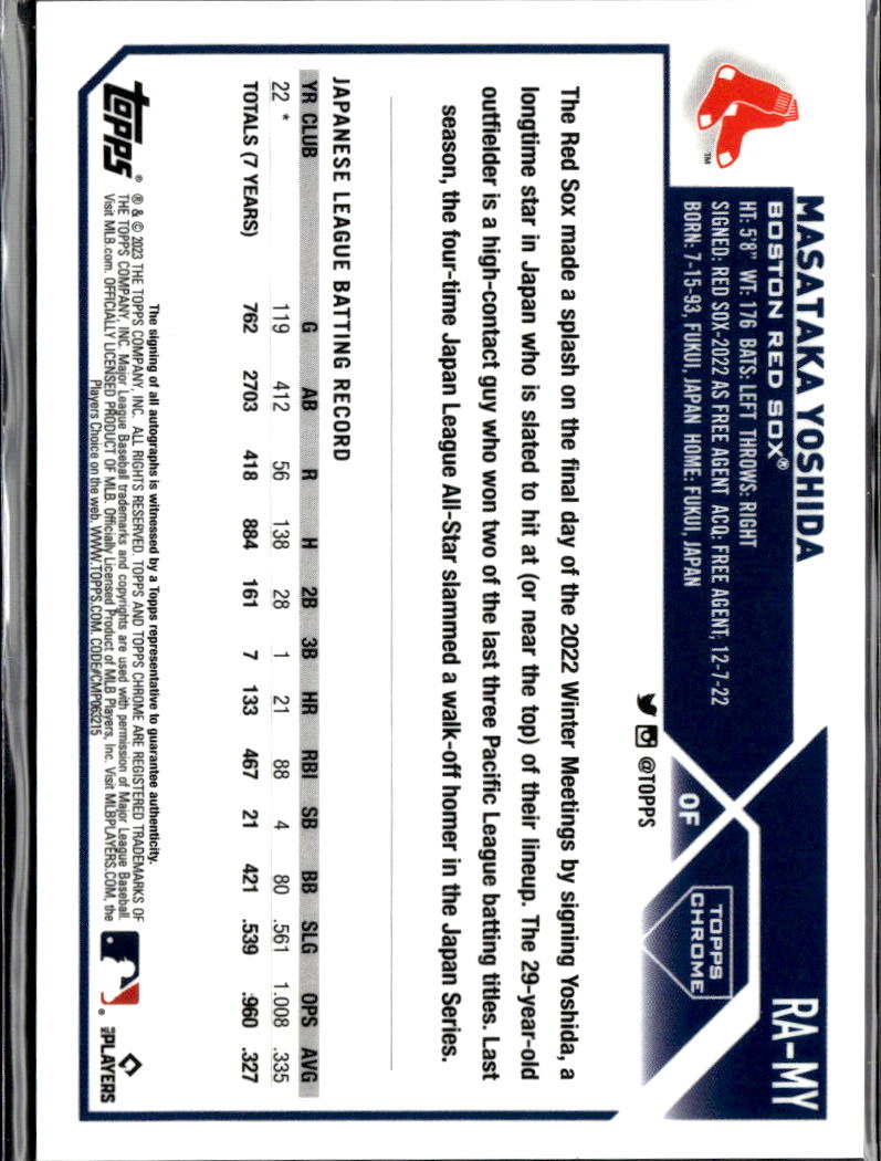 Masataka Yoshida 2023 Topps Chrome Auto Autograph RC Boston Red Sox