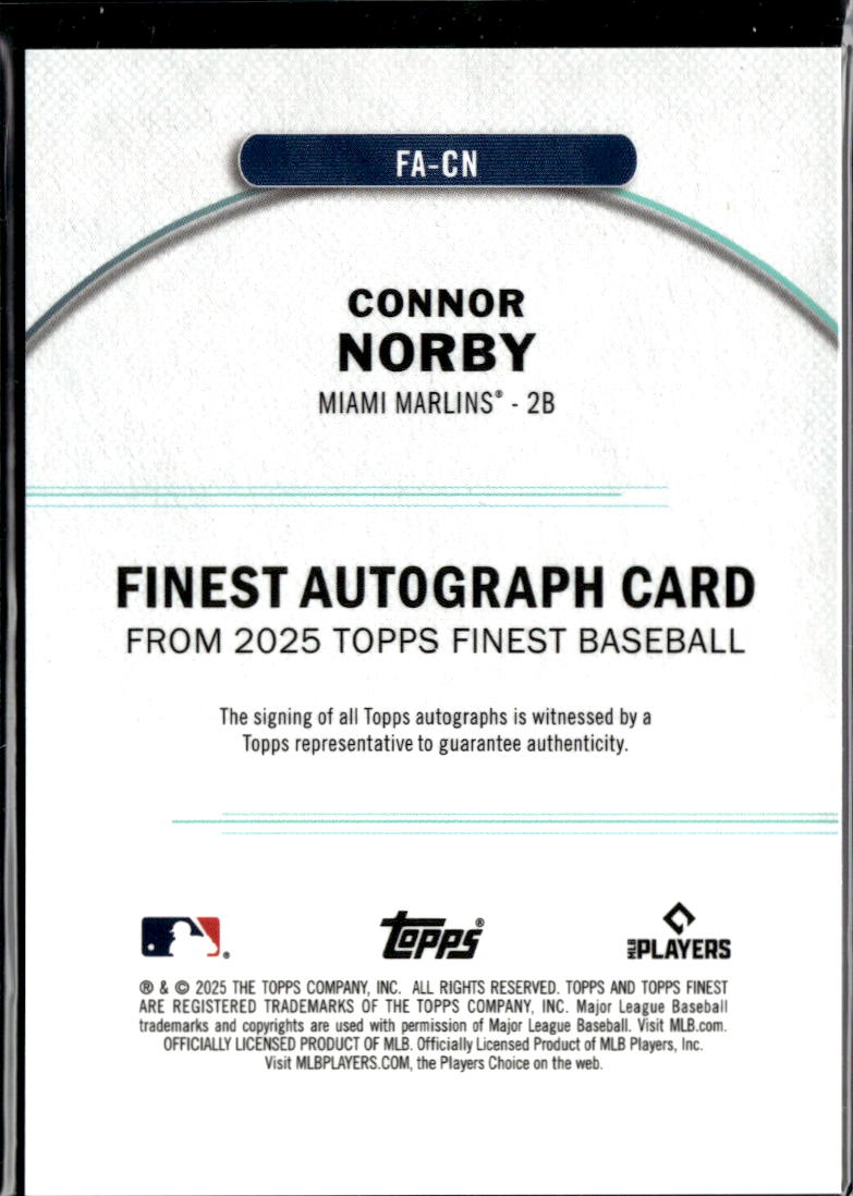Connor Norby 2025 Topps Finest Auto Autograph RC 50/75 Miami Marlins