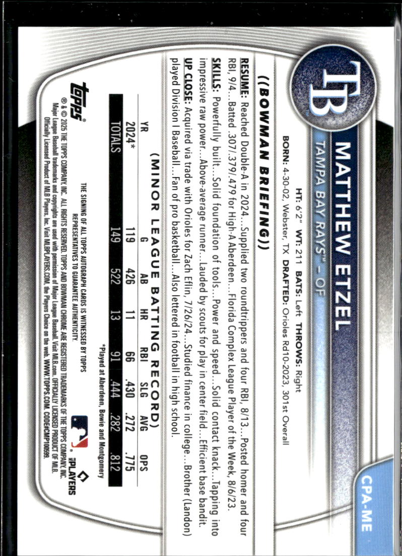 Matthew Etzel 2025 Bowman Chrome 1st Auto Autograph 203/299 Tampa Bay Rays