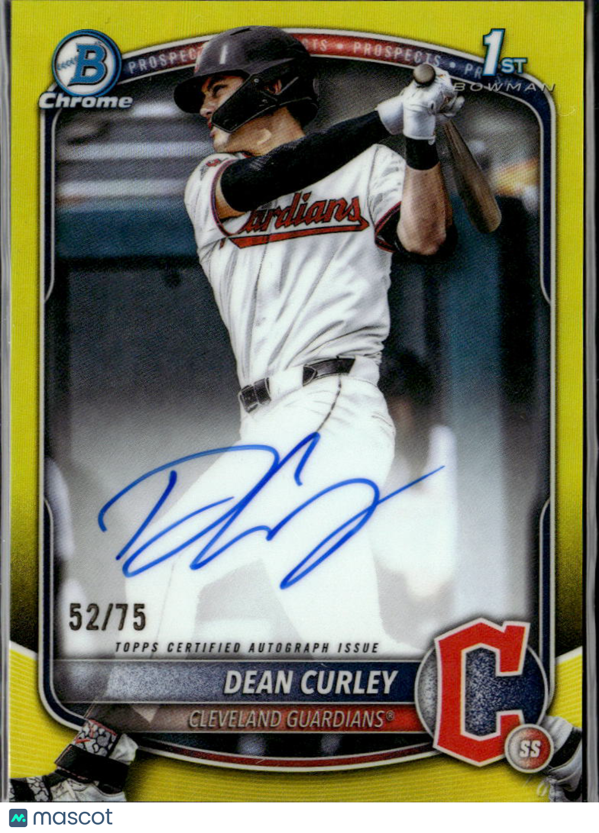 Dean Curley 2025 Bowman Chrome 1st Auto Autograph Yellow /75 Cleveland Guardians