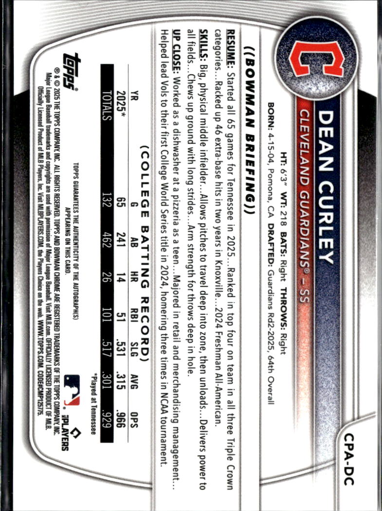 Dean Curley 2025 Bowman Chrome 1st Auto Autograph Yellow /75 Cleveland Guardians