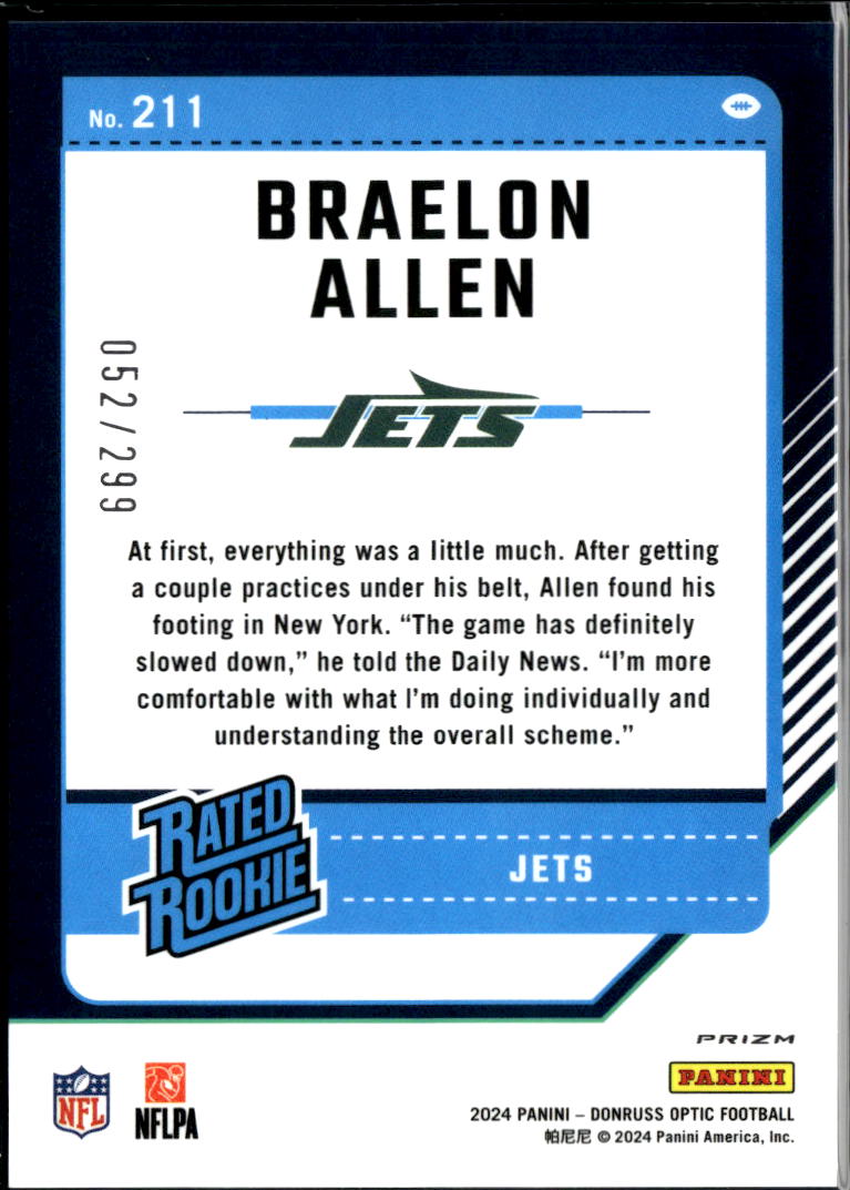 Braelon Allen 2024 Optic Rated Rookie Aqua Prizm RC 52/299 New York Jets