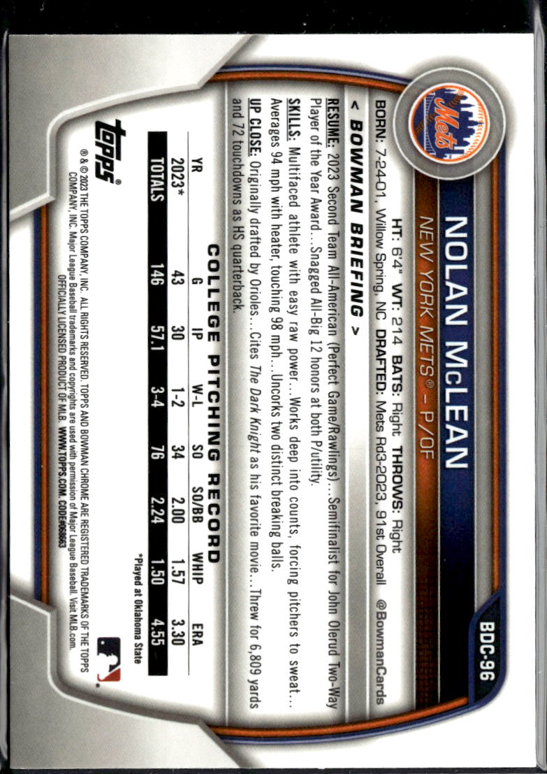 Nolan McLean 2023 Bowman Chrome 1st Purple Refractor RC 212/250 New York Mets