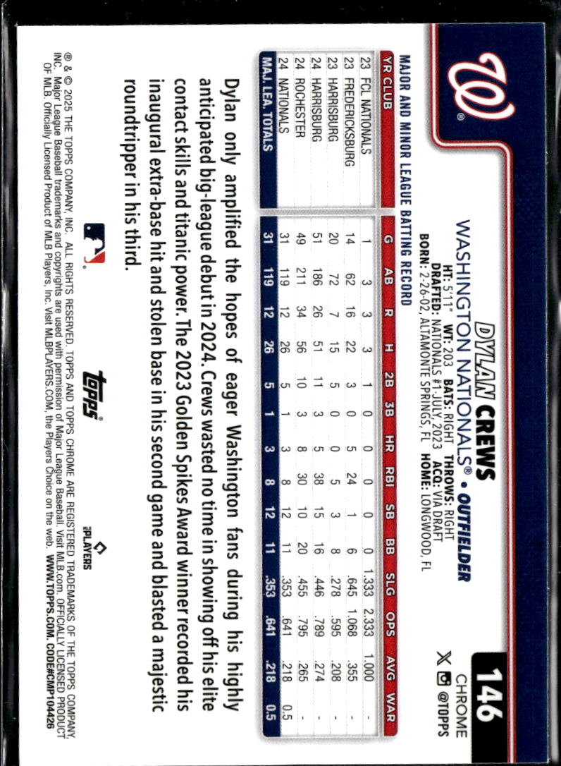 Dylan Crews 2025 Topps Chrome RC Purple Refractor 34/250 Washington Nationals