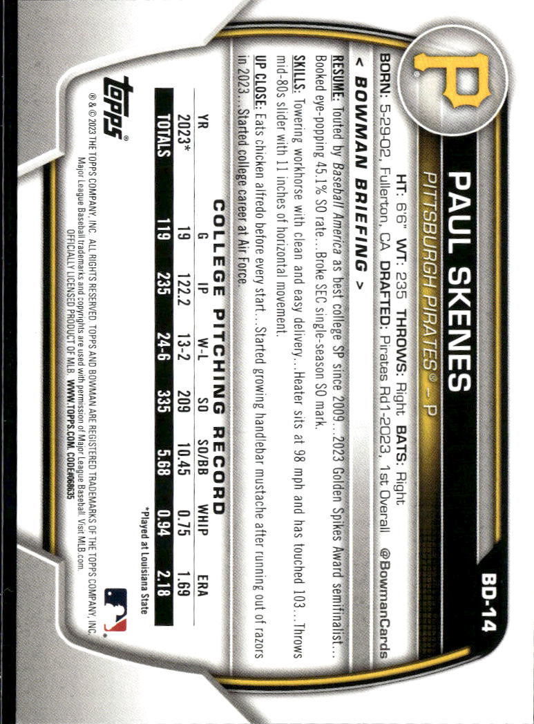 Paul Skenes 2023 Bowman Draft 1st Rookie RC Pittsburgh Pirates