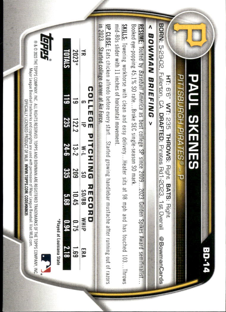 Paul Skenes 2023 Bowman Draft 1st Rookie RC Pittsburgh Pirates