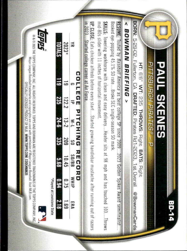 Paul Skenes 2023 Bowman Draft 1st Rookie RC Pittsburgh Pirates
