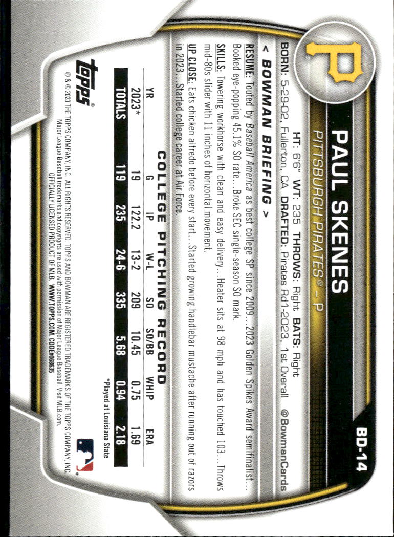 Paul Skenes 2023 Bowman Draft 1st Rookie RC Pittsburgh Pirates