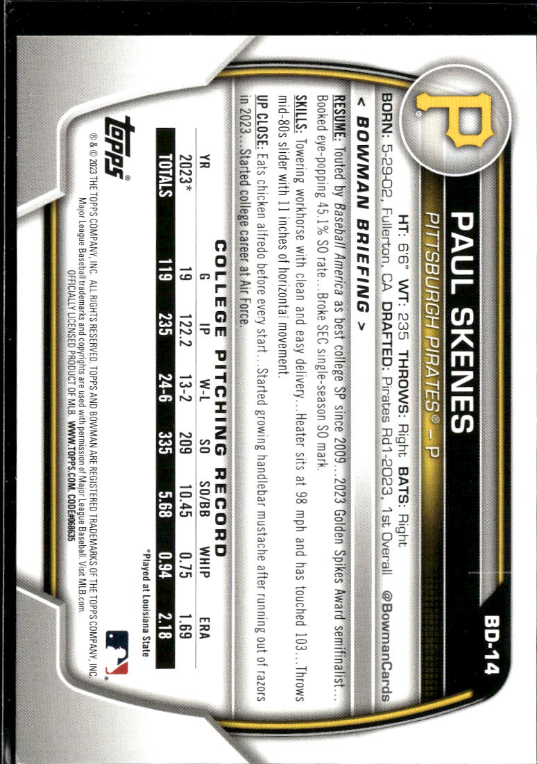 Paul Skenes 2023 Bowman Draft 1st Rookie RC Pittsburgh Pirates