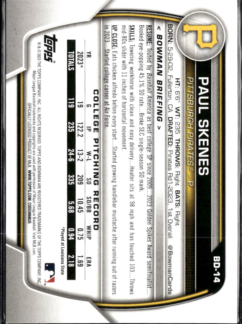 Paul Skenes 2023 Bowman Draft 1st Rookie RC Pittsburgh Pirates