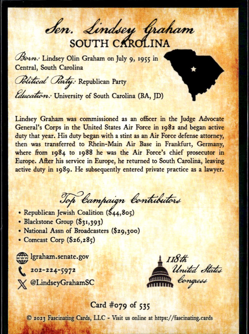 Lindsey Graham 2023 Fascinating Cards United States Congress #079