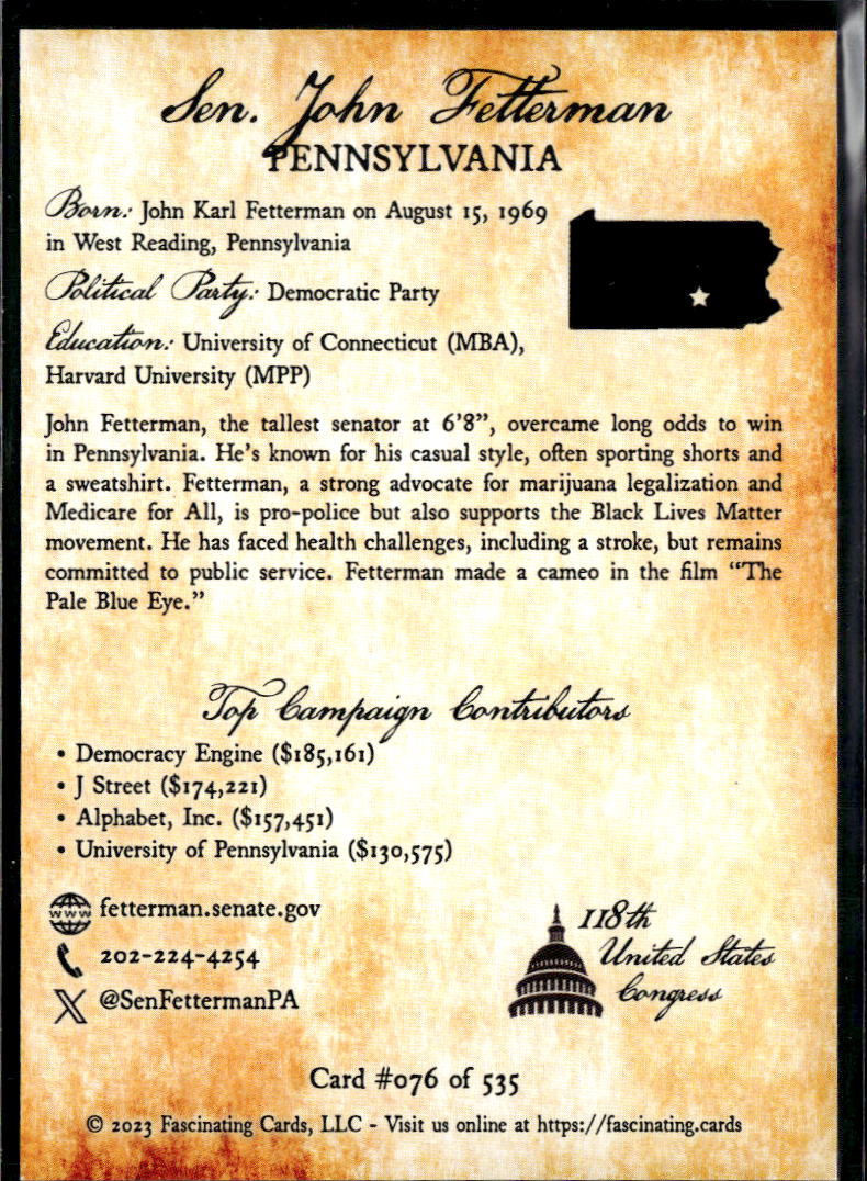 John Fetterman 2023 Fascinating Cards United States Congress Rookie RC #076