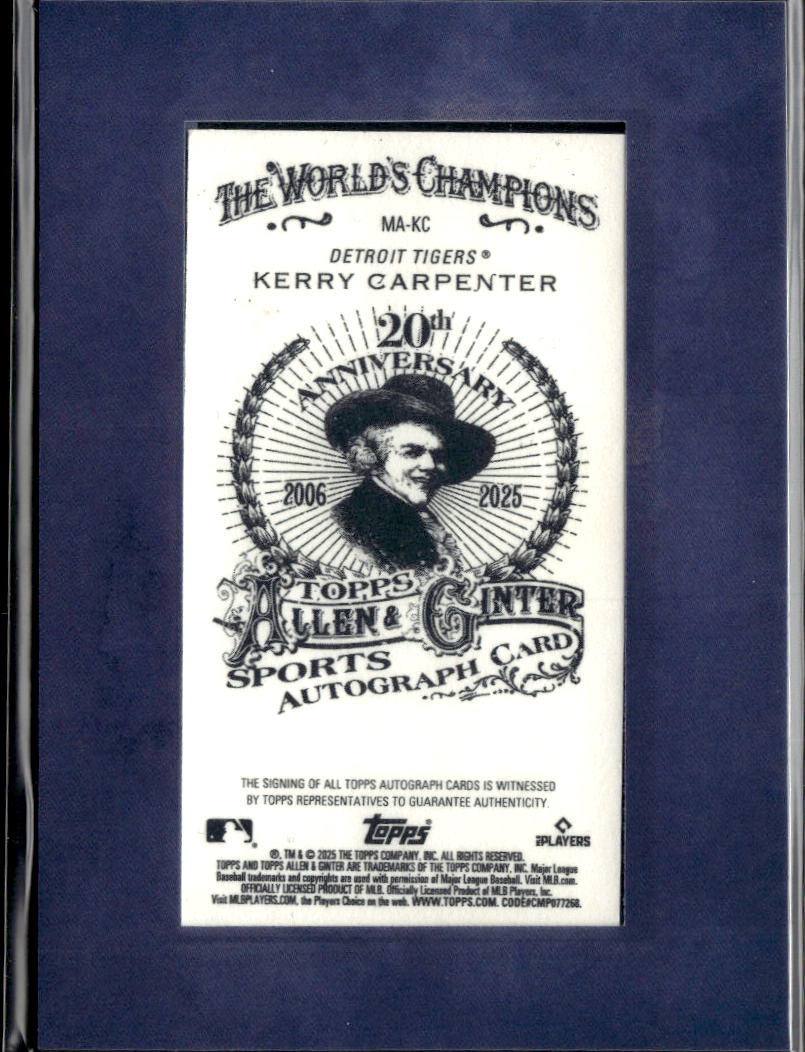 Kerry Carpenter 2025 Allen & Ginter Auto Autograph 54/99 Detroit Tigers