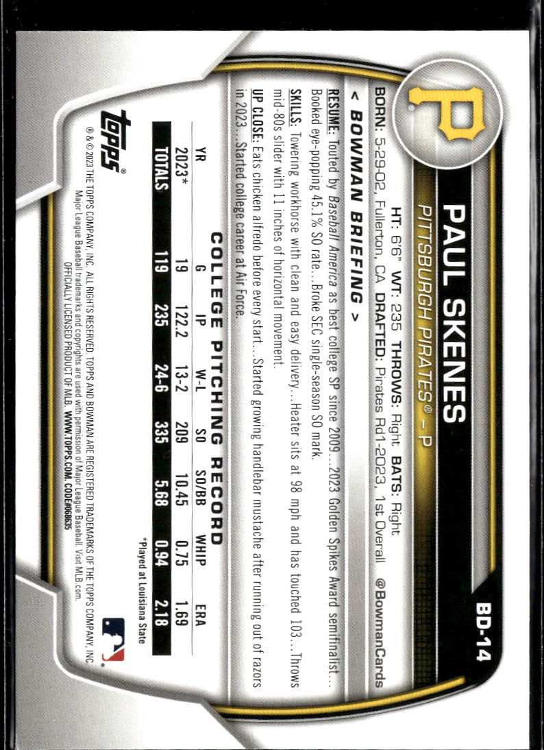 Paul Skenes 2023 Bowman Draft 1st Rookie RC Pittsburgh Pirates