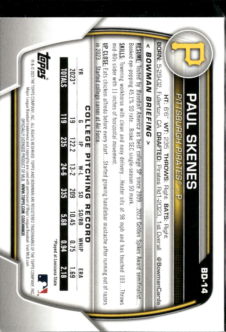 Paul Skenes 2023 Bowman Draft 1st Rookie RC Pittsburgh Pirates