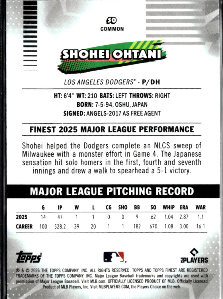 Shohei Ohtani 2026 Topps Finest Pink Refractor 174/250 Los Angeles Dodgers