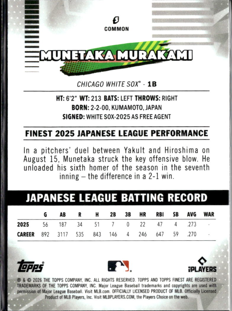 Munetaka Murakami 2026 Topps Finest RC Pink Refractor 171/250 Chicago White Sox